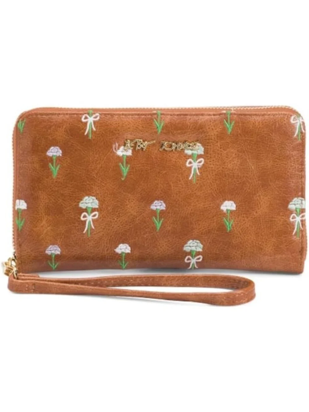 Floral Embroidered Zip Around Wallet with Wristlet Strap - Tan, 8.5x5 Inch